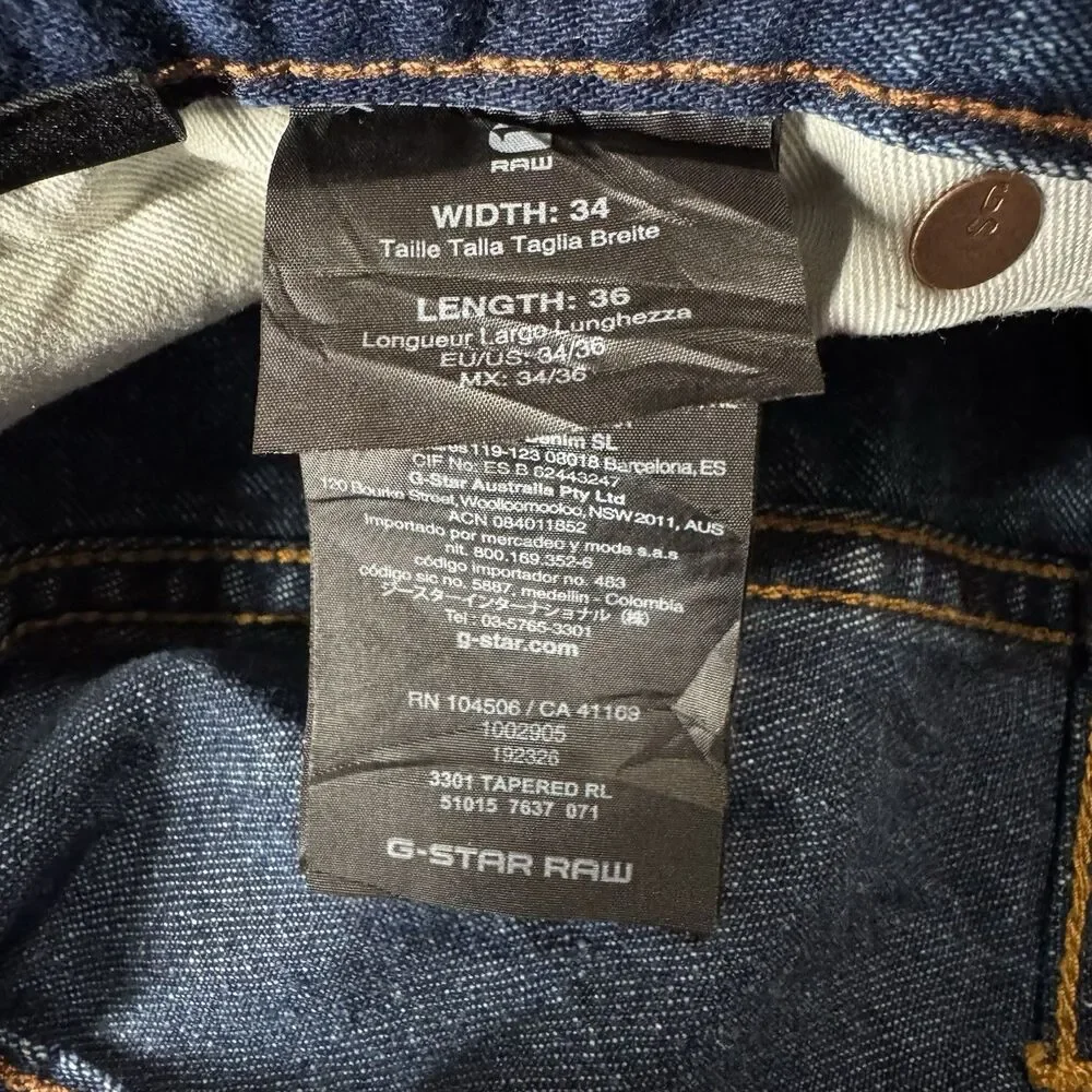 G-Star 3301 TAPERED RL Selvedge Medium Wash Dark Splatter Jeans Size W34 L36